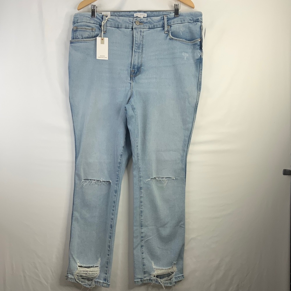 Good American High Rise Straight Leg Distressed Jeans Light Wash Size 16 NWT